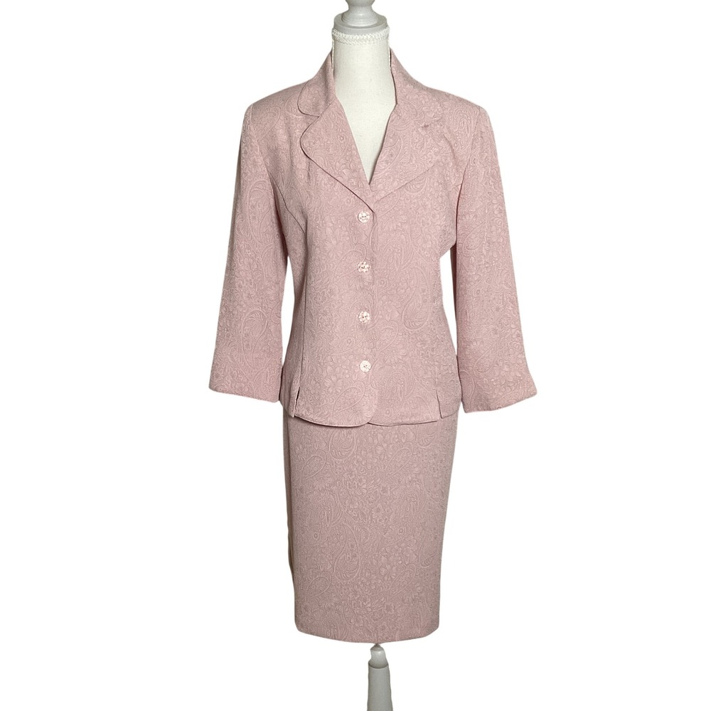 Just In Thyme Ltd Vintage Paisley Skirt Suit Women 10 Pink Jacquard Career